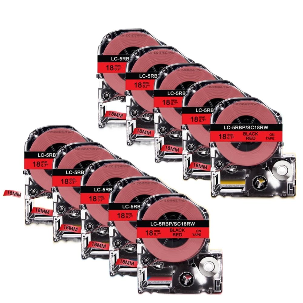 18mm 10pk SS18KW Tappeti di etichetta compatibile per le stampanti LW-400 LW-600P Works con ESPON ST18KW SC18RW SC18YW SC18BW SC18GW LabelWorks(Black on Red)