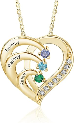 Jeweidea Collar Personalizado de Corazón con Piedras Natalicias Simuladas, Colgante Promesa Personalizado con Nombre para Madre e Hija, Collar para