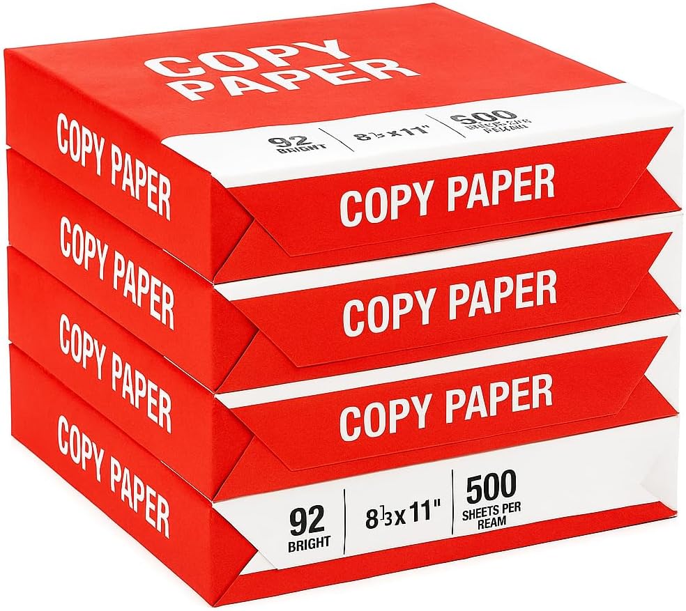 4 Reams Copy Paper – 8.5x11 Letter Size, 20lb, 92 Bright – Multipurpose Printer Paper for Office, School, Home – 2,000 Sheets Total – Jam-Free, Acid-Free, Inkjet & Laser Compatible