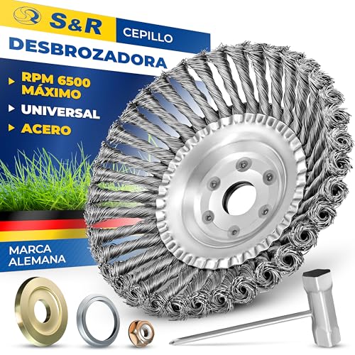 S&R Cepillo Cabezal Desbrozadora Alambre Universal Acero PREMIUM 200 mm. Cepillo Mala Hierbas Musgo Cabezal de desbrozadora.
