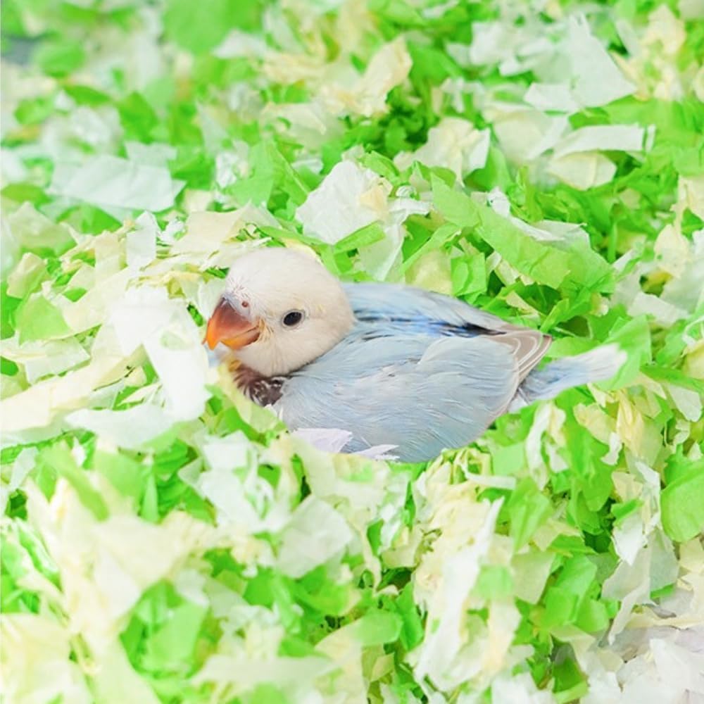 Small Animal Bedding, Bird Cozy Nesting Cotton Paper Material, Enhance Breeding Environment, Low Dust Odor Control for Birds Parrots Parakeets Guinea Pigs Rabbits Hamsters 0.92lb (Yellow and Green)
