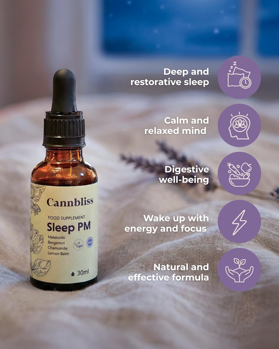 Sleep PM gotas para dormir a base de melatonina, manzanilla, melisa y bergamota 30 ml. Suplemento natural para el sueño sin gluten, lactosa ni alcohol. Sueño profundo y reparador
