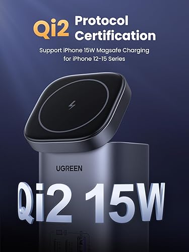 Miniatura 2 de UGREEN Estación de carga de 100 W, 4 puertos, cargador plegable de 15 W certificado Qi2, soporte de cargador inalámbrico MagSafe para iPhone