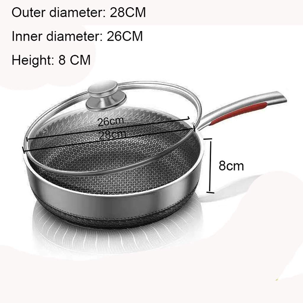 SH-chaoguo Frying Pan/Fry Wok/316 Stainless Steel Non-Stick Pan/Cooking Pan, with Lid, Uncoated, (28/30cm) for Induction Cooker and Gas Stove (Size : 28cm)