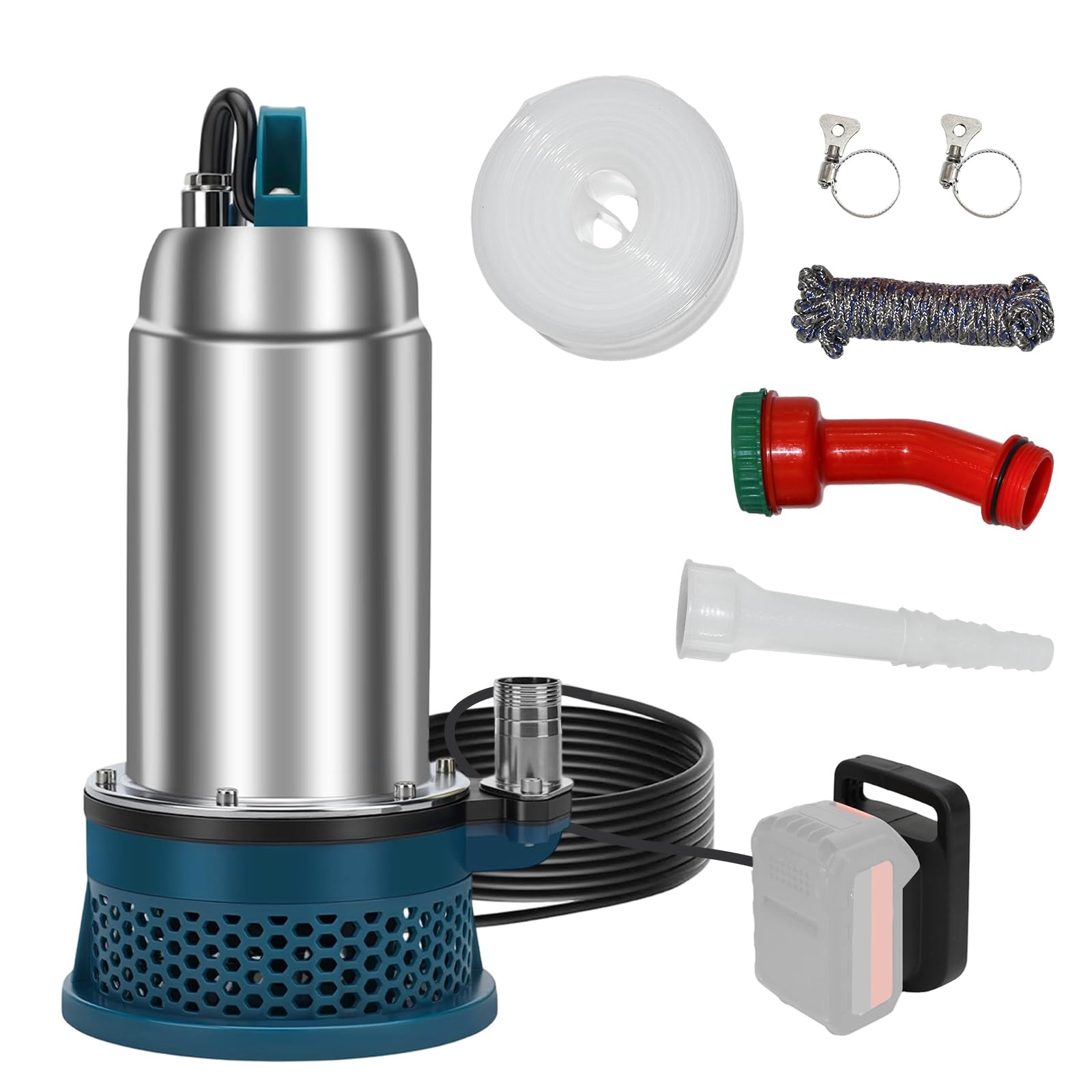 Bomba de agua Compatible con Makita 18V, 5000L/H Bomba Sumergible con Manguera de agua de 5 m, Cable de 3m, bomba de sumidero para Piscina, Camas de Agua, Ducha de Jardín, Charco, Agua Sucia