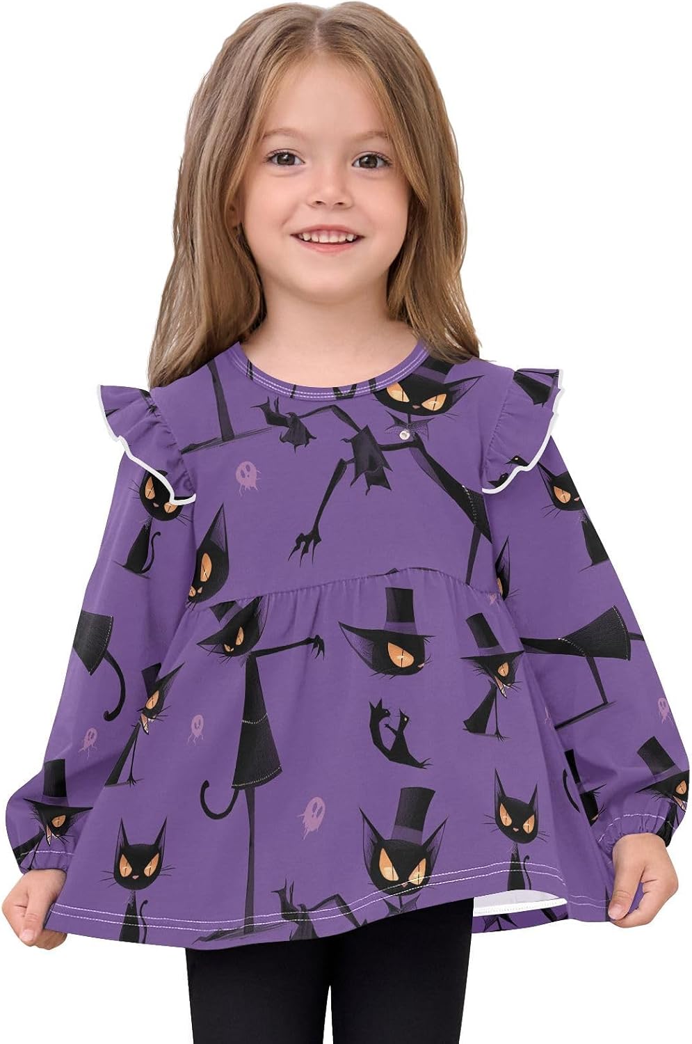 visesunny Toddler Clothes for Girls Evil Cartoon Black Cat Long Sleeve Fall Shirts Cotton Top with Ruffle Collar