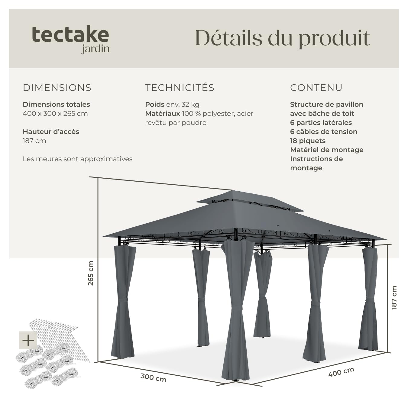 tectake® Tonnelle de Jardin 4x3m en Acier époxy Tente de réception, Imperméable, Protection UVP 50+, Rideaux de tonnelle Inclus, Montage Facile, Tonnelle terrasse Exterieur Barnum Mariage Baptême