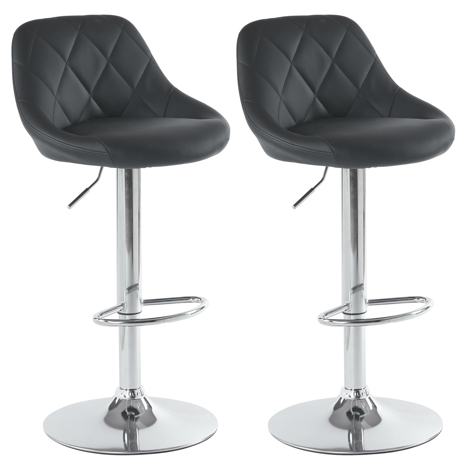 LEADZM Tabouret de Bar Lot de 2 Chaise de Bar Réglable Hauteur en PU Rotatif sur 360°, avec Dossier et Repose-Pieds (Noir)