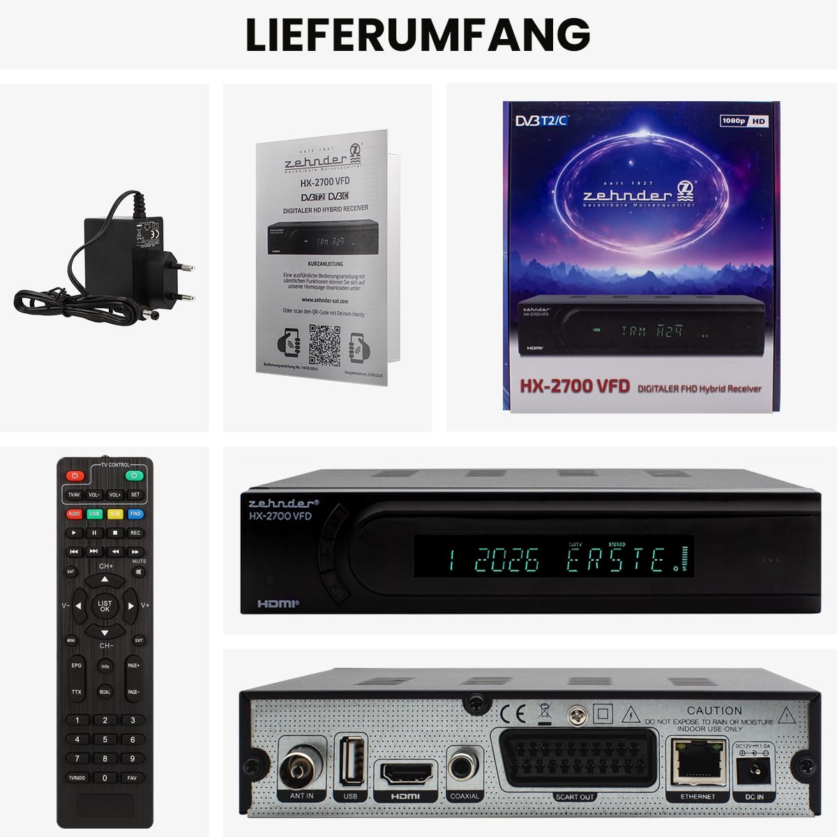 [ Test SEHR GUT, Note 1.1 *] Zehnder HD 2700 VFD HYBRID DVBC Kabel-Receiver & DVBT2 Receiver mit Aufnahmefunktion, DVB-C Reciver & Reciever für DVB-T, DVBT & DVB-T2, Kabelreceiver & DVB T Receiver