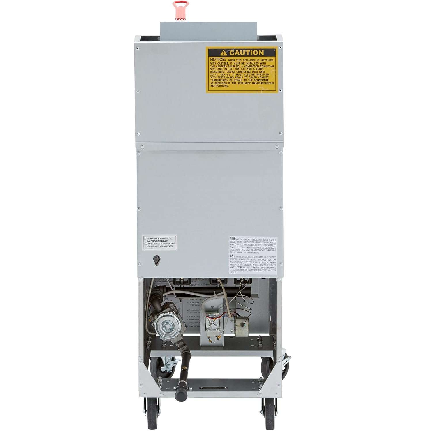 Rear view of Iron Range IRF-40 LPG Commercial Fryer showing gas connections and warning label