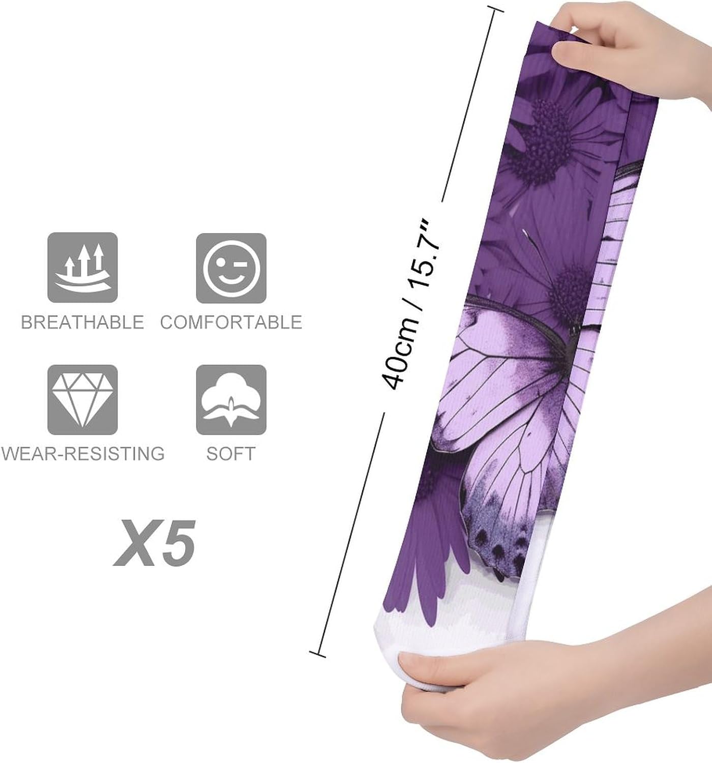 Super Value Fashion Large Chemical Fiber Men's And Women's Breathable Purple Butterfly Printed Stockings 5 Pairs of Super Soft Non-binding Moisture Wicking Christmas Socks 15.7 in