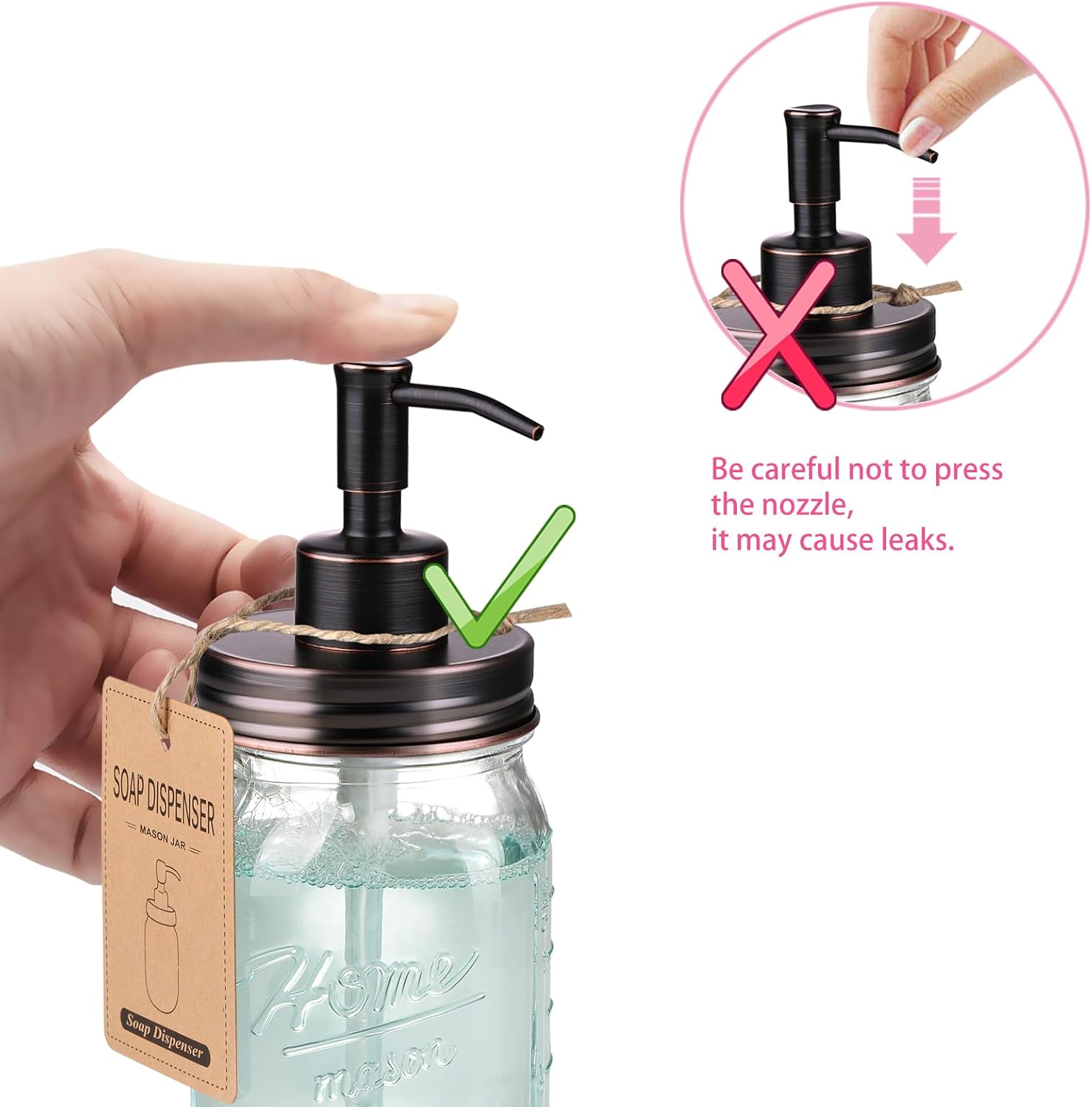 SheeChung 16 Oz Mason Jar Liquid Soap Dispenser, Glass Hand Soap Dispenser, Stainless Steel Pump Lid, Refillable Lotion Dispensers for Bathroom Countertop Kitchen (1, Oil Rubbed Bronze)