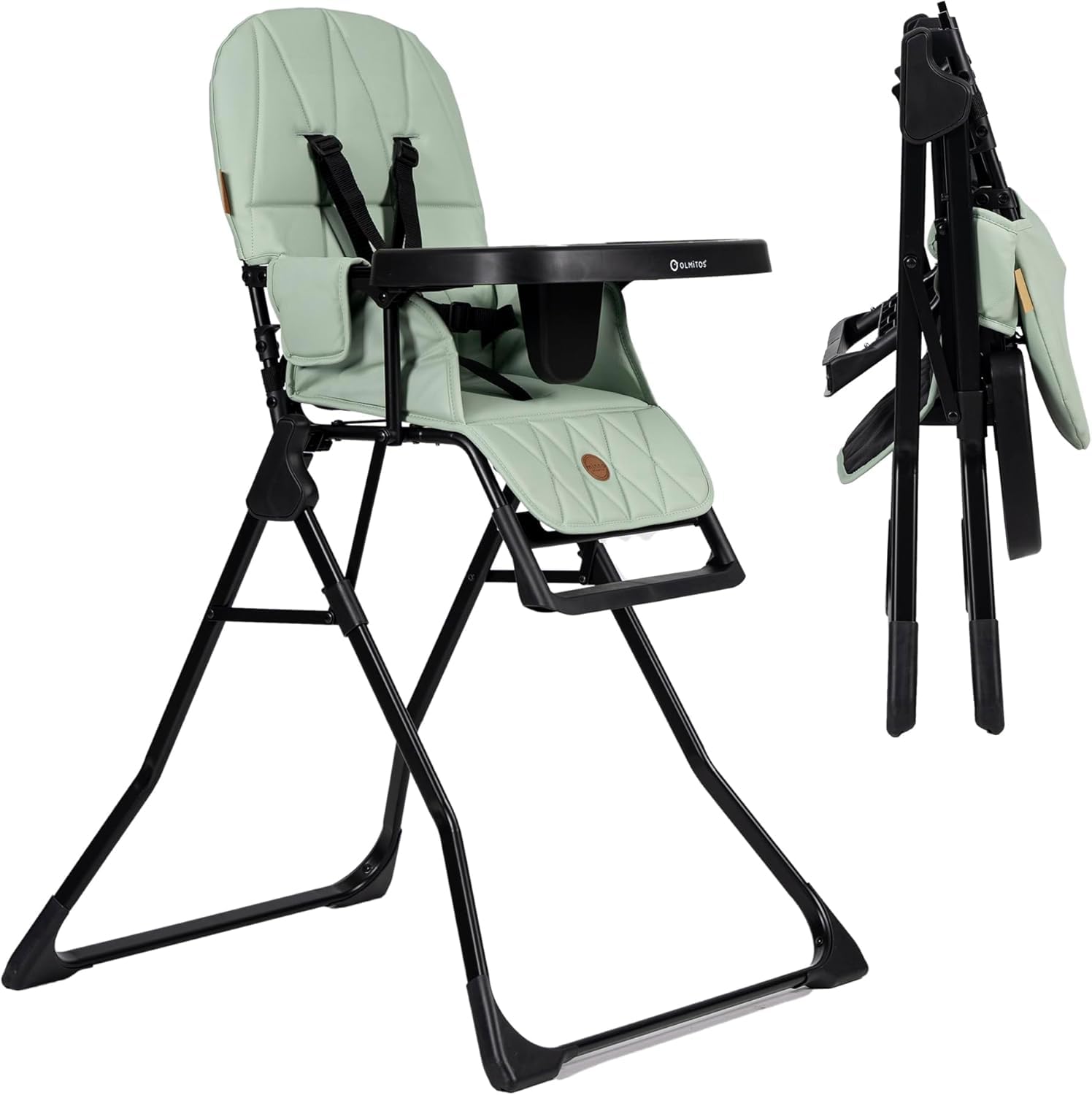 Olmitos – Trona para Bebé Plegable Ligera y Ultracompacta MINNA – Trona portátil de viaje 4.9kg ergonómica con Funda Acolchada de 6 meses a 3 años - reposapiés ajustable y Arnés 5 Puntos, Verde
