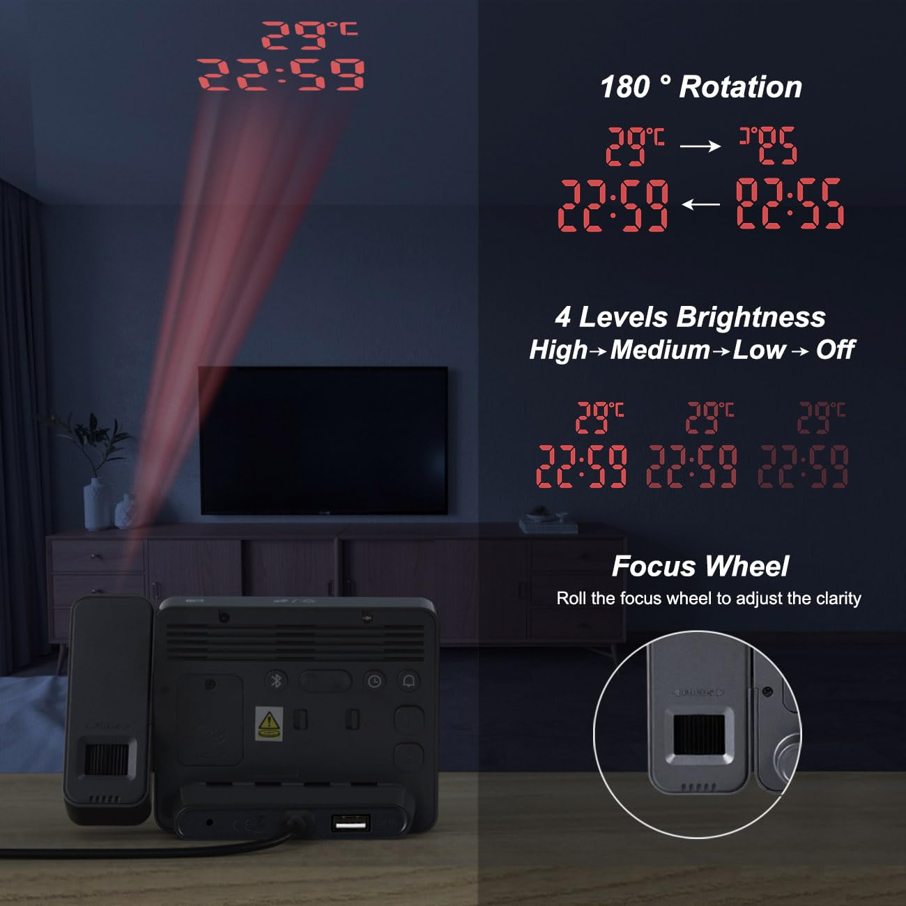 Reloj de Proyección Digital con Ajuste de Enfoque para Dormitorio - Proyector Giratorio de 180°, Sincro de Hora por Bluetooth, Alarmas Dobles, Fecha, Temperatura, Atenuador 4 Niveles, Snooze