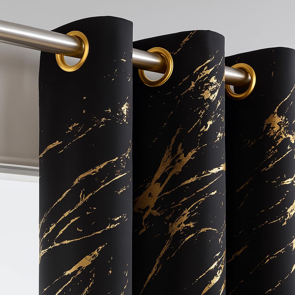 John Aird Blackout Curtains Eyelet Gold Foil Marble Effect On Black Thermal Curtain (Black/Gold, 46" Width x 54" Drop) โ image 1