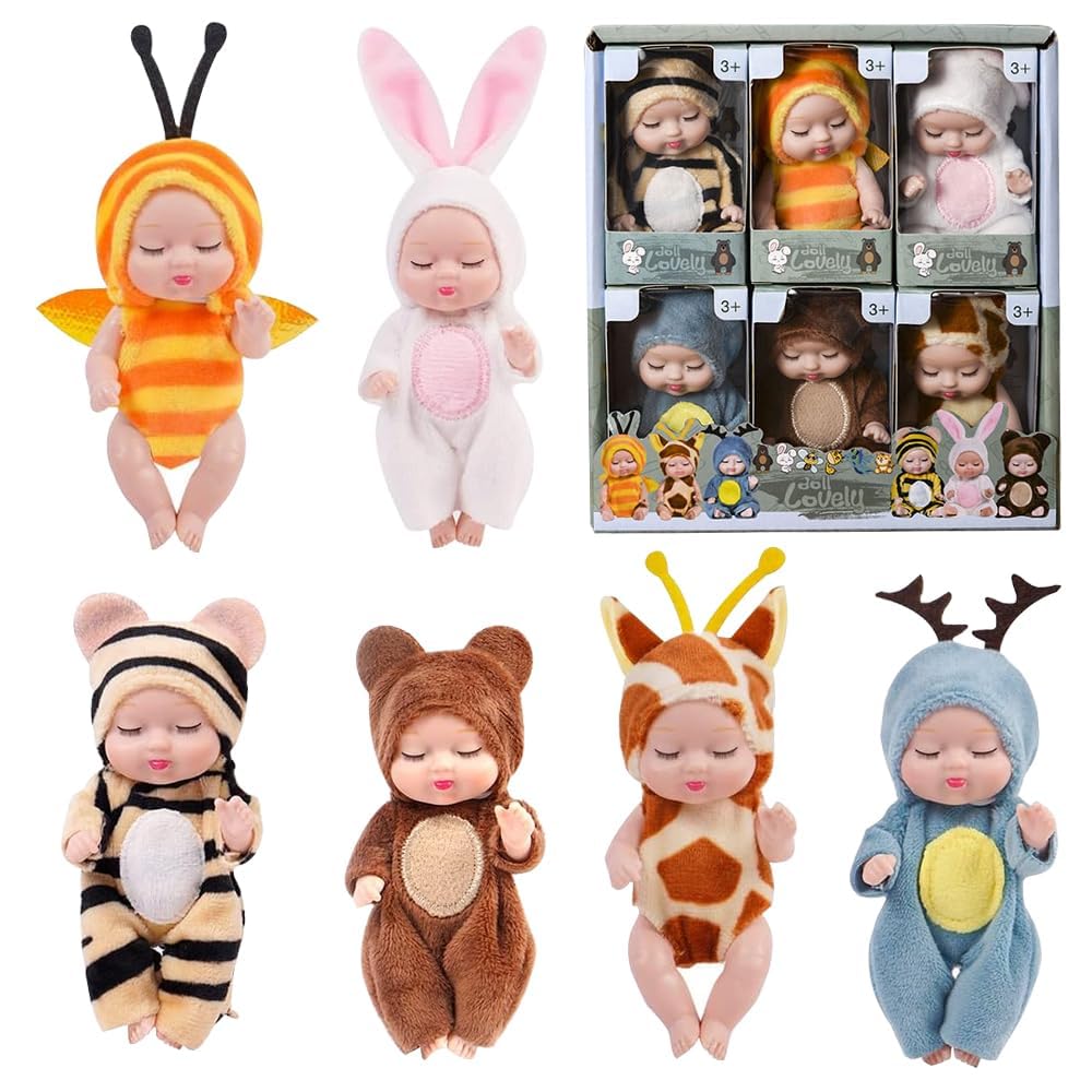 KOWVOWZ Mini Reborn Dolls, 4.3inch Mini Baby Dolls, Sleeping Rebirth Dolls Miniature Doll Toys Realistic Baby Doll with Cute Animal Clothes for Girls Boys Toddlers Kids (6Pcs)