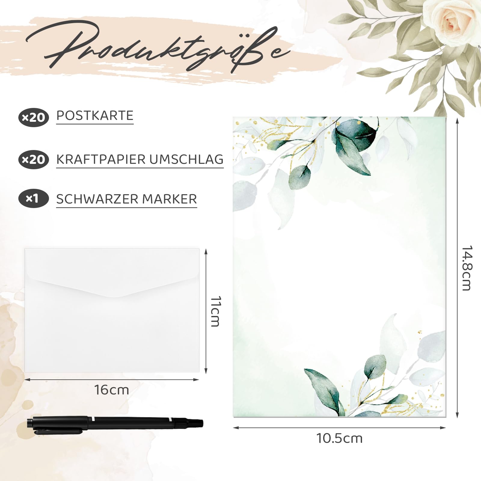 20 x blanco kaarten met patroon, ansichtkaartenset om zelf vorm te geven, doe-het-zelf uitnodigingskaarten, groen, aquarel, ansichtkaart, 2-zijdig uitnodiging, spel, verjaardag, elegant, felicitaties, wenskaarten, DIN A6