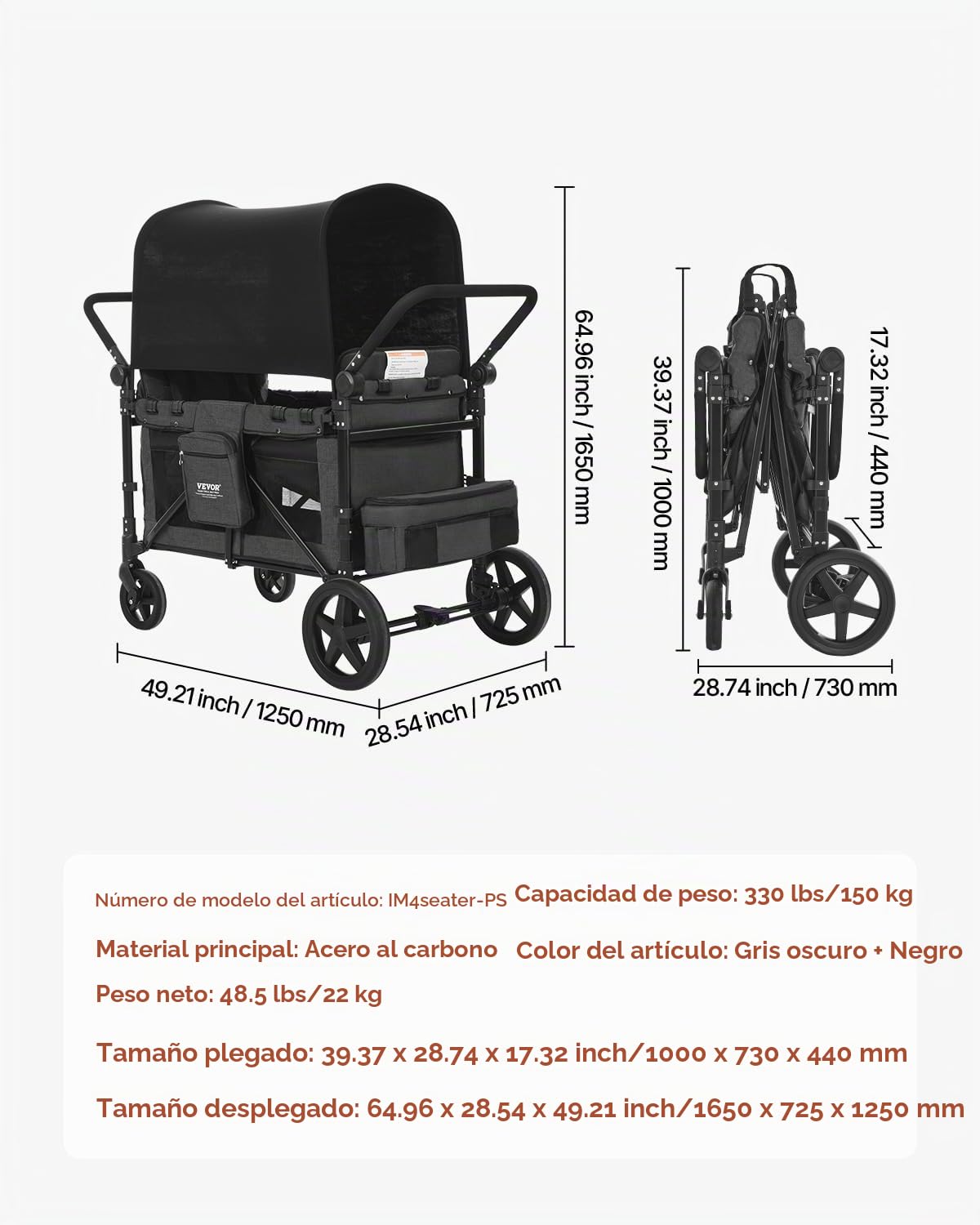 VEVOR Cochecito Plegable para 4 Niños, Acero al Carbono, con Asa Ajustable, Arnés de Seguridad y Capota Extraíble, 4 Plazas, para Camping, Gris Oscuro y Negro(Carga 150 kg), 1650 x 725 x 1250 mm