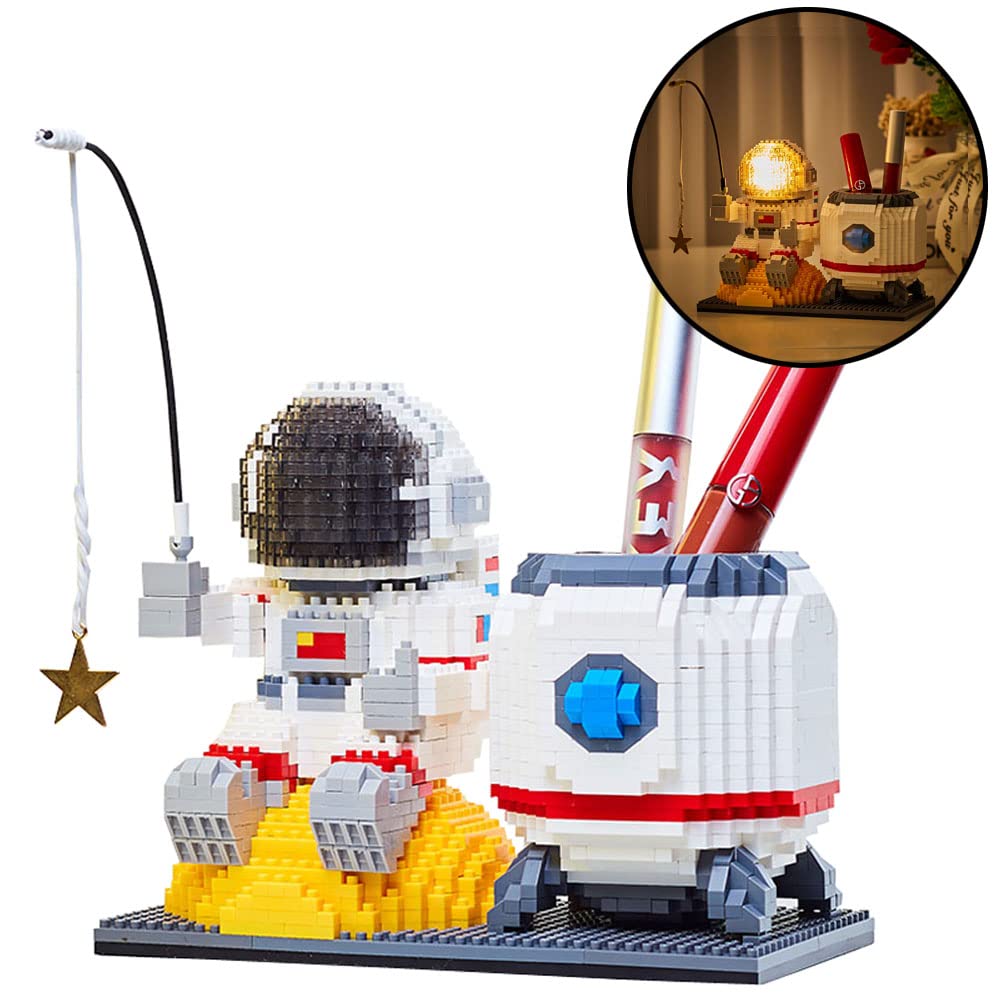ISeeSee Astronaut Mini Building Blocks Micro Building Kits for Adults with Led Lighting Kit-Astronaut Office Pen Container 1588PCS