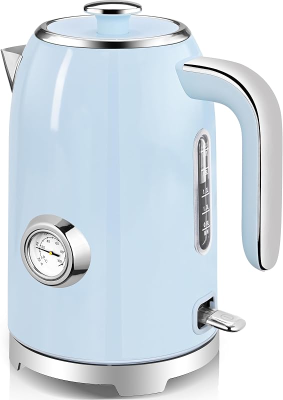 57oz Electric Kettle with Thermometer, Hot Water Pot, Blue | Electric Tea Kettle for Boiling Water, 1500W Stainless Steel Pot, Cordless LED Indicator, Auto Shut-Off & Boil Dry Protection
