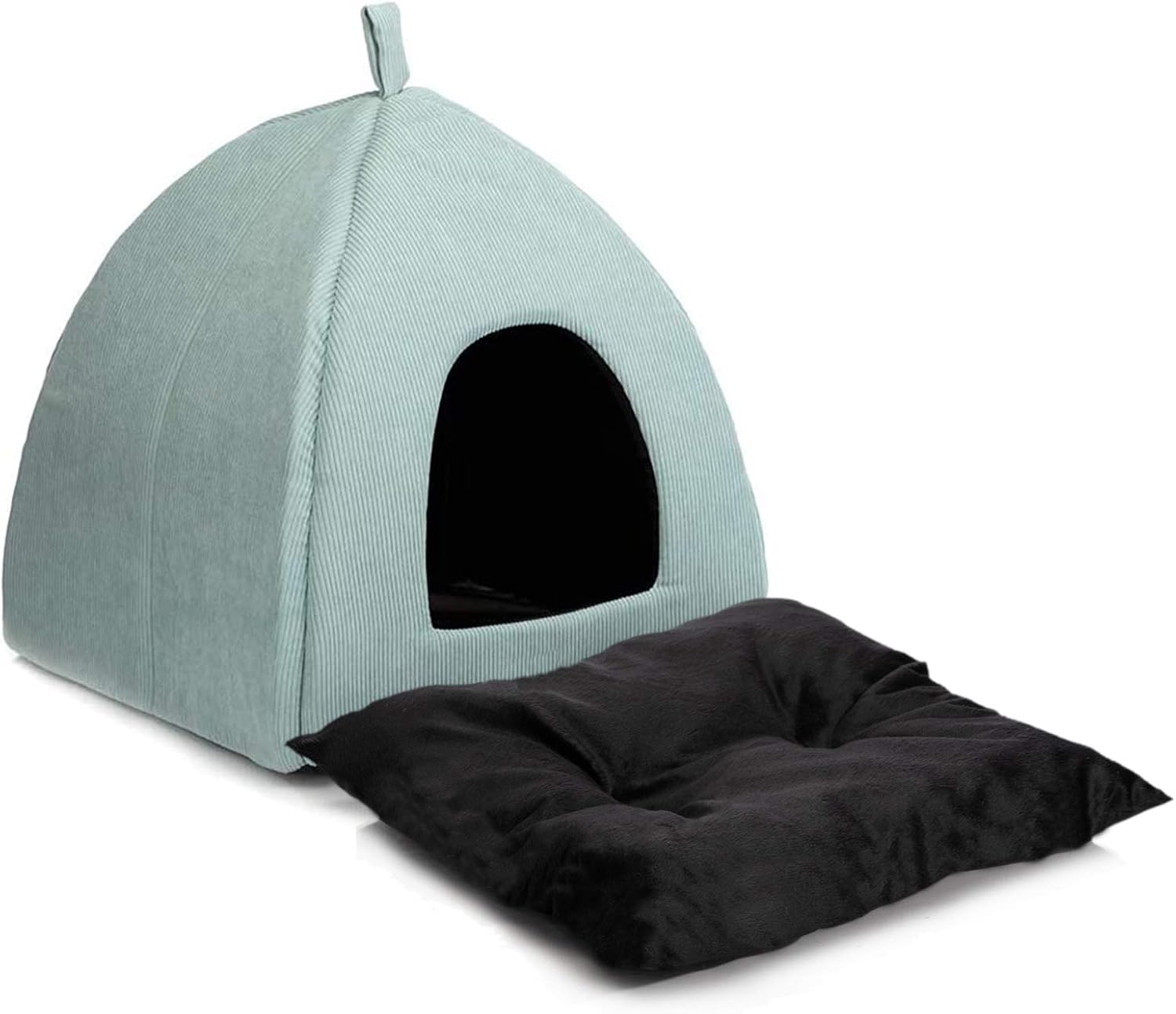 Hollypet Self-Warming Cat Bed, 2 in 1 Cat Tent Cave for Kittens and Small Dogs, 16 x 16 x 17 inches Triangle Feline House Hut with Washable Cushion for Indoor Outdoor, Lake Green