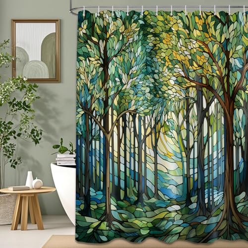 puuiui Stained Glass Shower Curtain Green Forest Tree 70x72 Inch