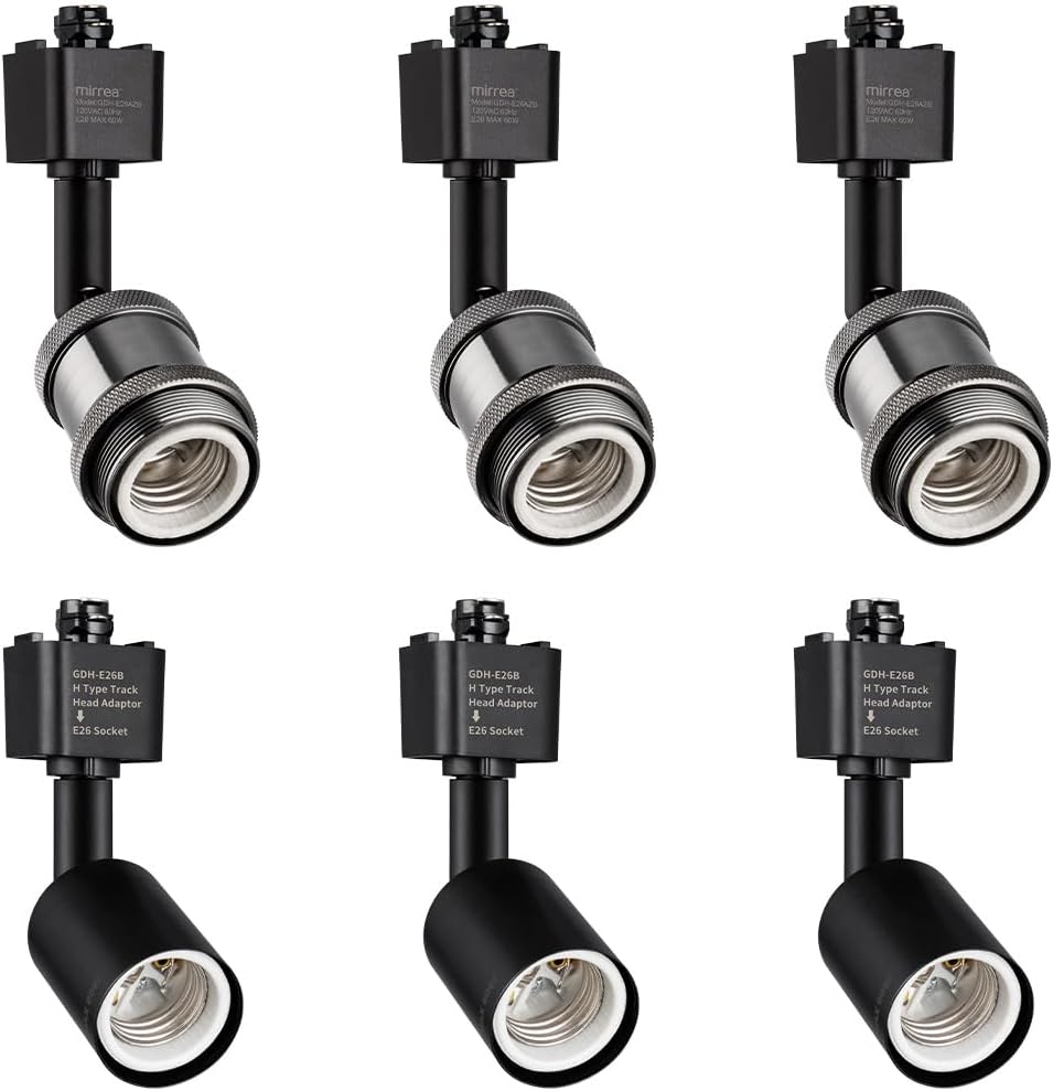 mirrea H Type Track Lighting Head to E26 Medium Screw Base Adapter Light Direction Adjustable Pack of 6 (Black)