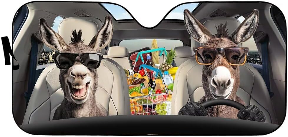Animal Donkey Couple Shoping Car Front Windows Windshield Sun Shade Farm Auto Visor Shield, Funny Donkey Driver Car Accessories Foldable Sunshade for Truck Vas - 57 x 27.5 Inches