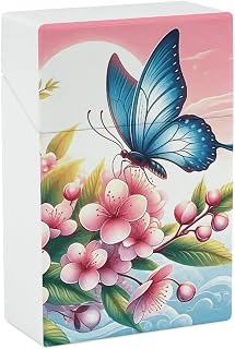 Waterproof Cigarette Case Large Capacity, Pink Flowers and Blue Butterflies | Plastic Hard Cigarette Box Portable Storage Box Outdoor Smoking Accessories Crushproof for Men and Women