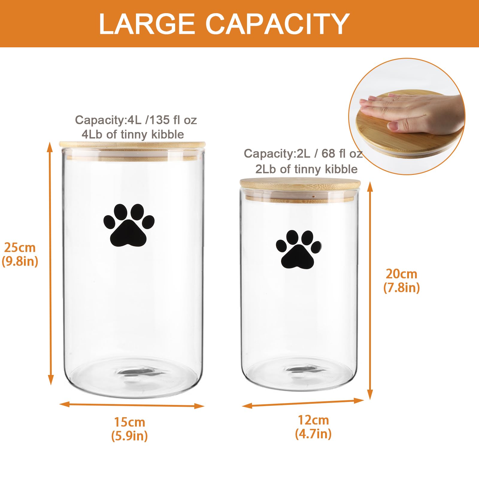 Juego de tarros de vidrio para perros y gatos, 2.2 onzas + 40 onzas, contenedor transparente para alimentos para perros y gatos con tapas de bambú, tarro hermético para golosinas para gatos,