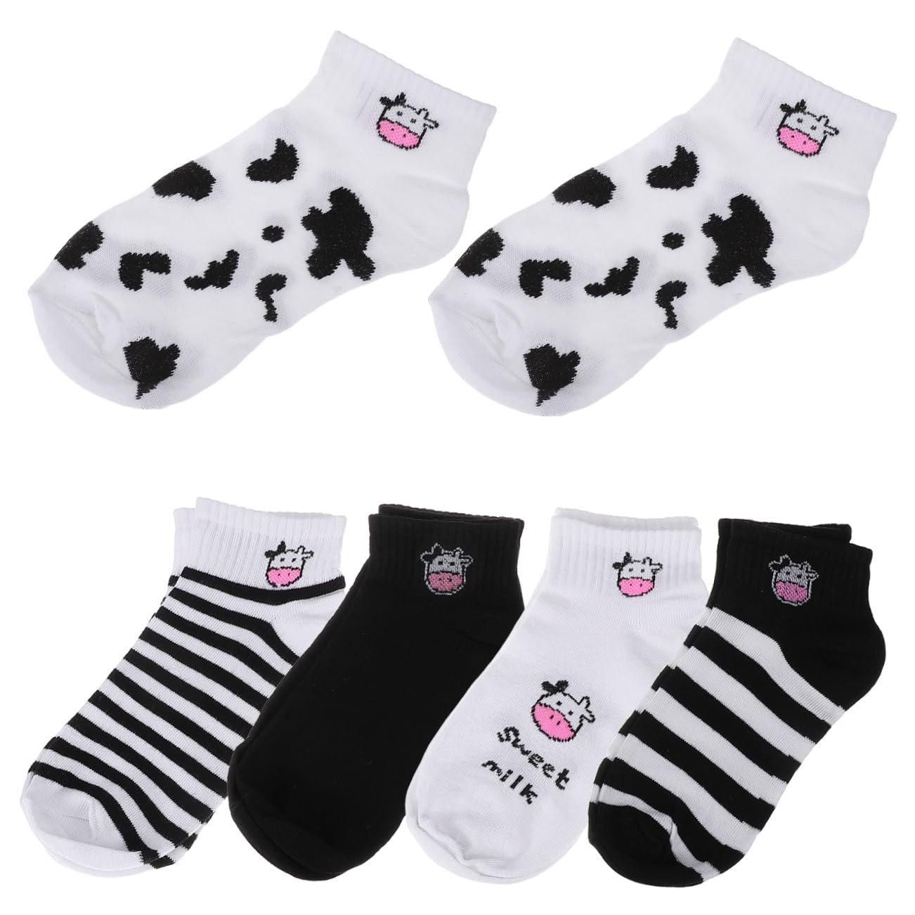 Calcetines de Vaca de Dibujos Animados 5 Pares Algodón Negro Blanco | Fiesta Verano, Corte bajo Cómodo, para Niñas y Teens, Estilo Fashion Adorable