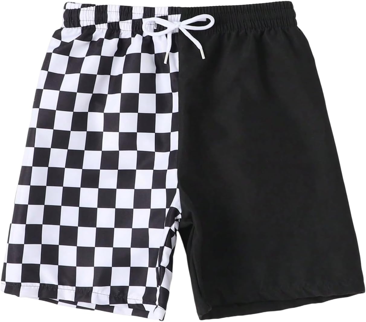 Boy's Checkered Quick Dry Swim Trunks Color Block Drawstring Elastic Waist Beach Shorts