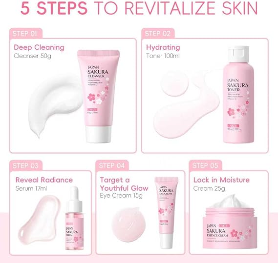 24PCS Cherry Blossom Extract Skincare Set Moisturing Kit & Skin Care Sets, Cleanser, Toner, Eye Cream, Serum, Essence Cream, Lip Mask, Lotion, Mud Mask, Sleeping Mask