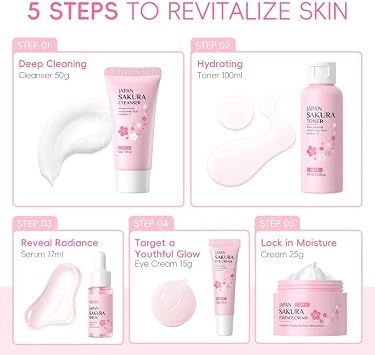 24PCS Cherry Blossom Extract Skincare Set Moisturing Kit & Skin Care Sets, Cleanser, Toner, Eye Cream, Serum, Essence Cream, Lip Mask, Lotion, Mud Mask, Sleeping Mask