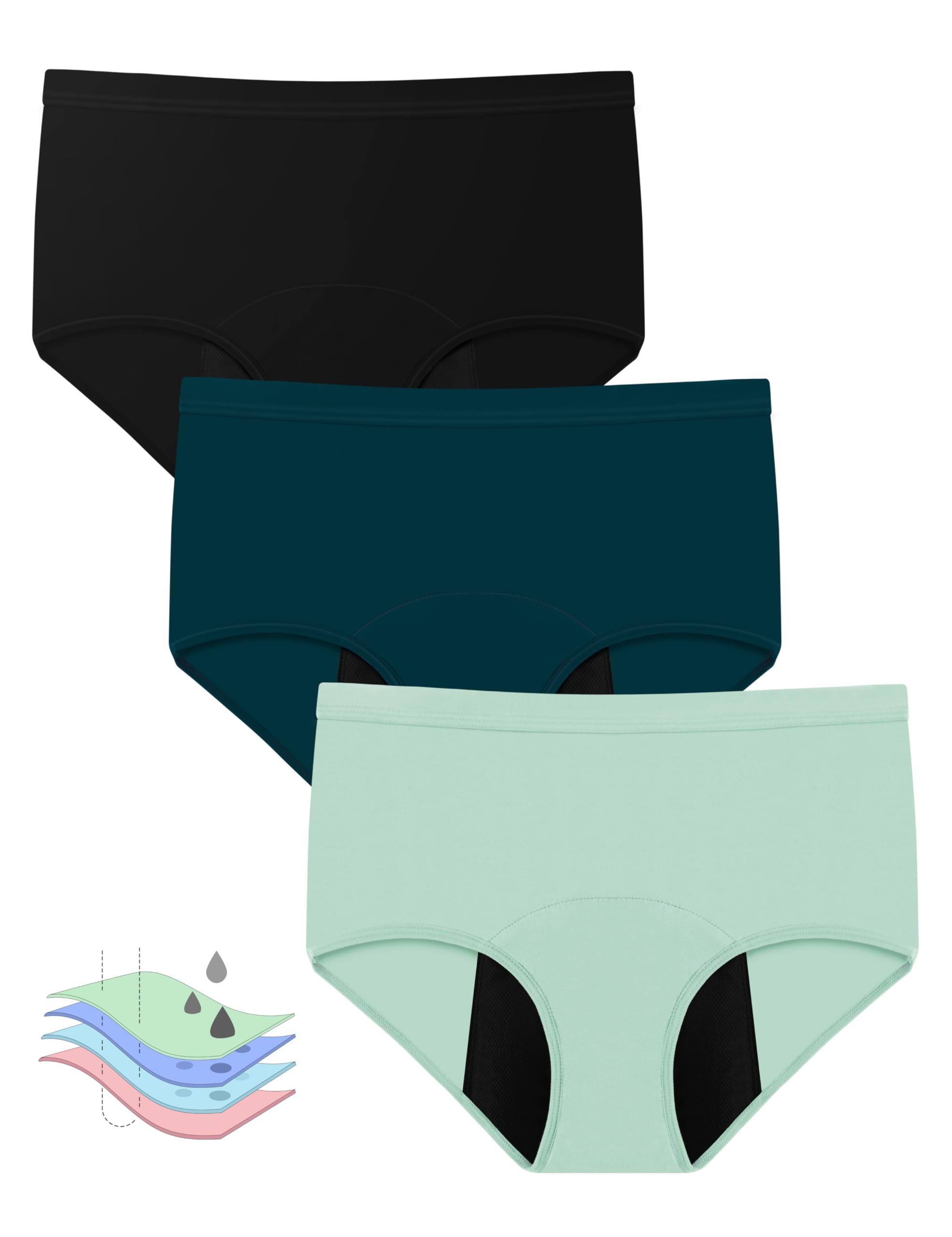 OVRUNS - Bragas menstruales para mujer, a prueba de fugas, para flujo abundante, incontinencia, posparto, color negro, azul medianoche, menta, paquete de 3, talla S