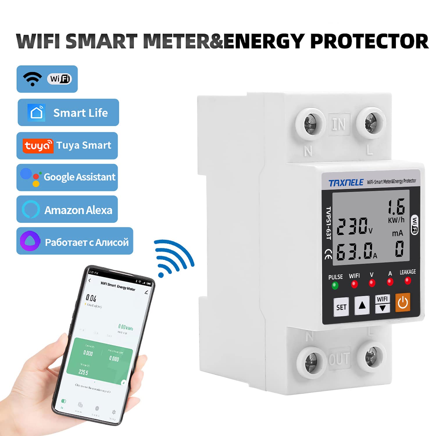 Contatore di energia intelligente Wi-Fi CA 63A 80-300V Protezione contro le perdite di terra intelligenti da sottotensione Relè Dispositivo Interruttore Energia 230V Smart Life APP (Nero)
