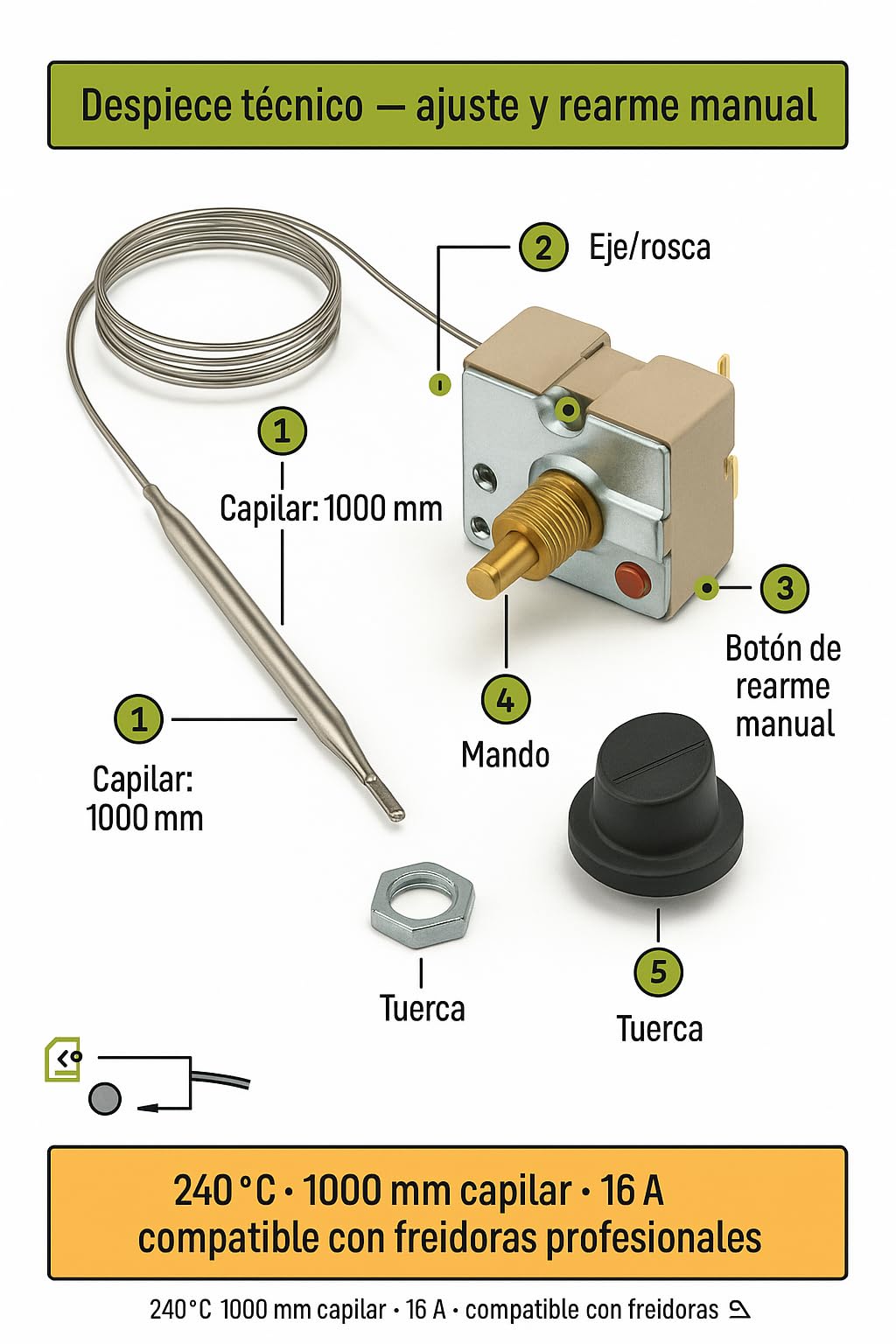 CubetasGastronorm Thermostat de sécurité friteuse 240° Capillaire 1000 mm avec REARME 16 A capillaire 1000 mm Protection contre la surchauffe Précision Haute résistance Friteuses industrielles et