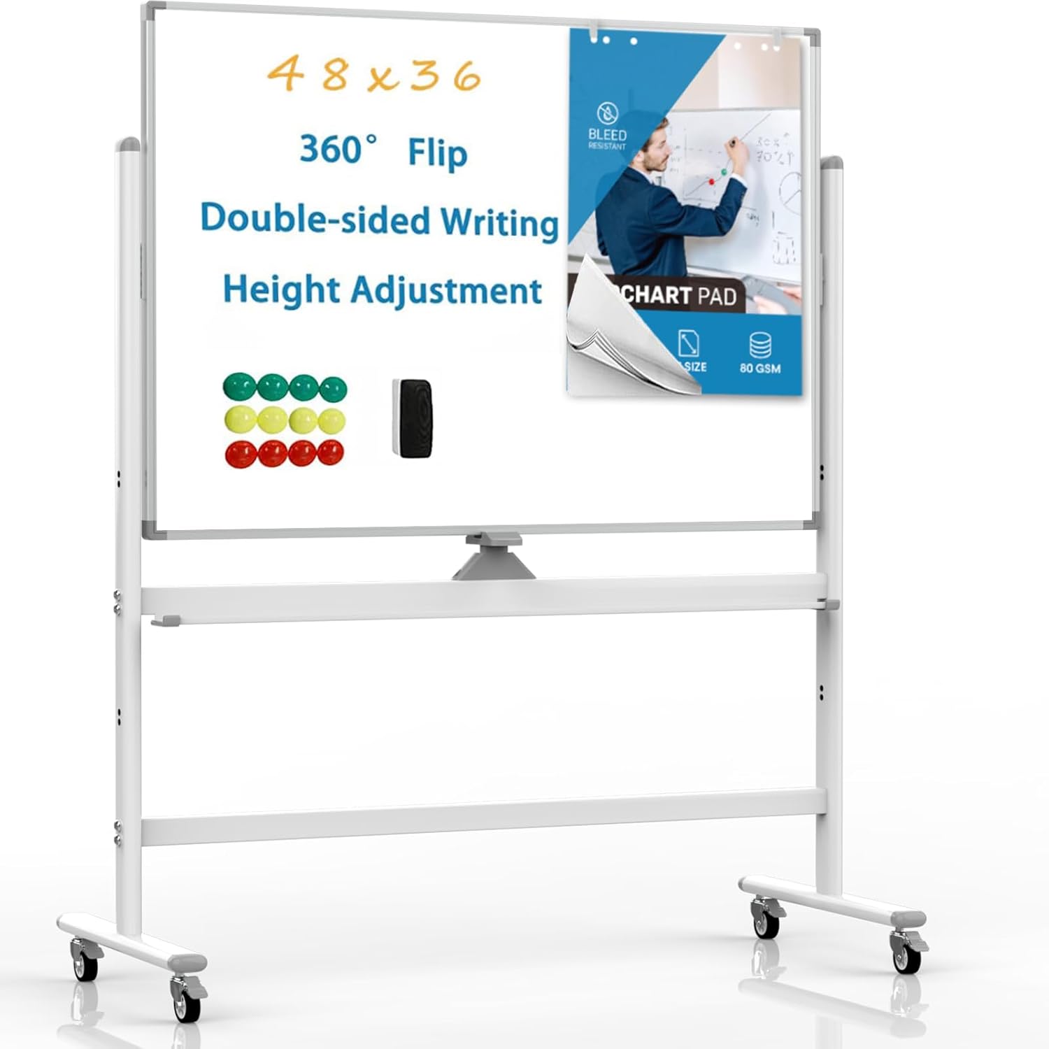 SUODUN Mobile Whiteboard,Rolling Magnetic Whiteboard 48 x 36 Inches, Height Adjust Double Sides White Board on Wheels, Dry Erase Board Easel with Stand for Office, Home & Classroom White 48 X 36 Inches