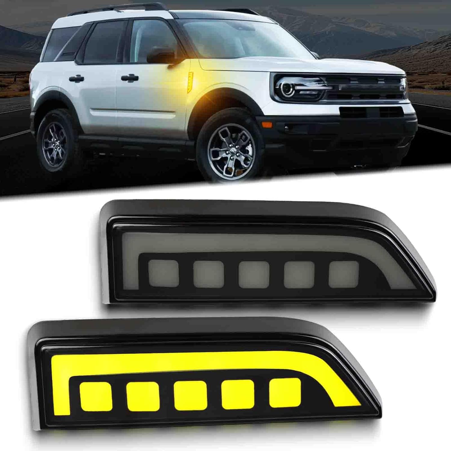 Smoked Housing Clear LED DRL Light Amber Sequential Flash Signal DRL Fender Side Marker Light Lamp Compatible with Ford Bronco 2021-2024 Sport Pickup Truck Front Fender Edge