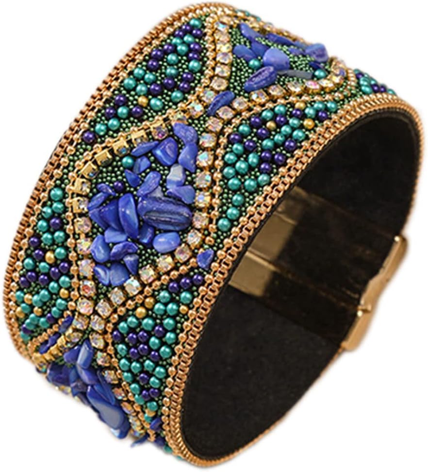 Caiyao Handmade Bohemian Natural Stone Rhinestone Bead Bracelet Bangle for Women Boho Wrap Faux Leather Gravel Seed Wristband Bracelet Ethnic Summer Beach Jewelery