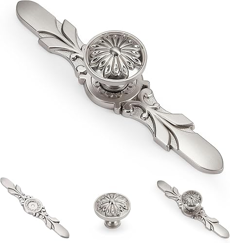 Aandxomk - Juego de 10 pomos de níquel cepillado de 5.8 pulgadas con placas, gabinete de cocina de 5.8 pulgadas, pomos de flores y puerta de armario