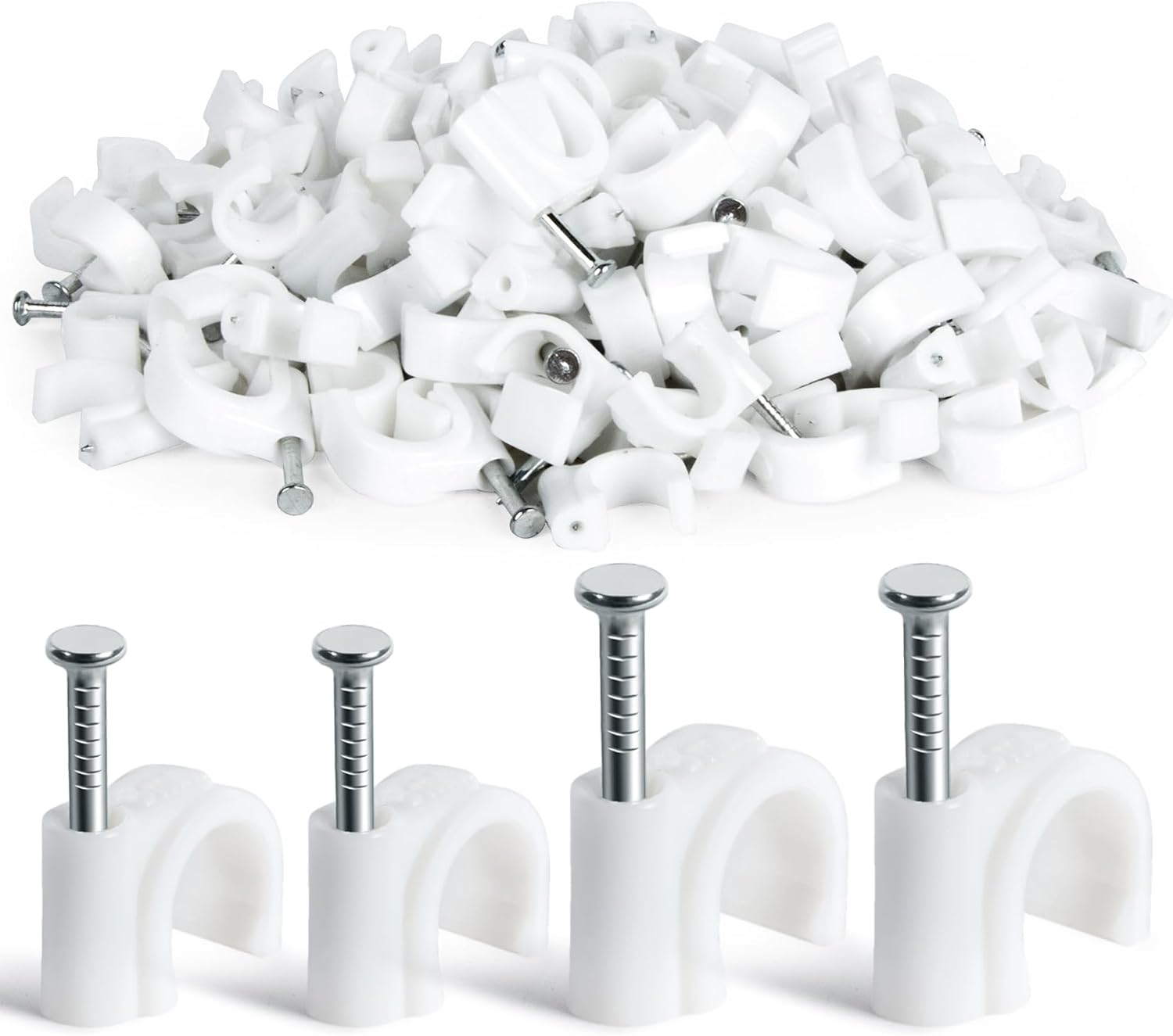 Cable Wire Clips - 100 Pcs White Cable Clips 8mm 10mm Wire Staples Wall Cables Management with Steel Nails Cord Holder for Wires, Ethernet, Cord Organization