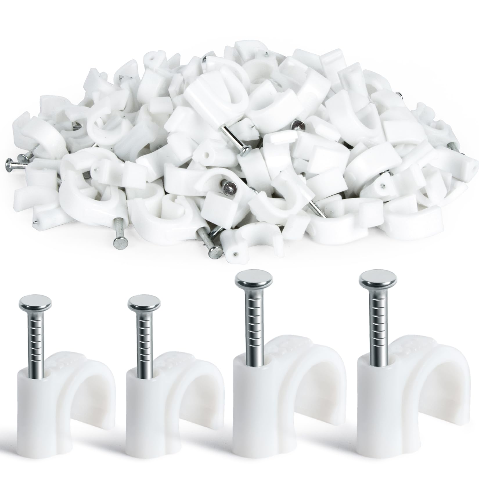Cable Wire Clips - 100 Pcs White Cable Clips 8mm 10mm Wire Staples Wall Cables Management with Steel Nails Cord Holder for Wires, Ethernet, Cord Organization