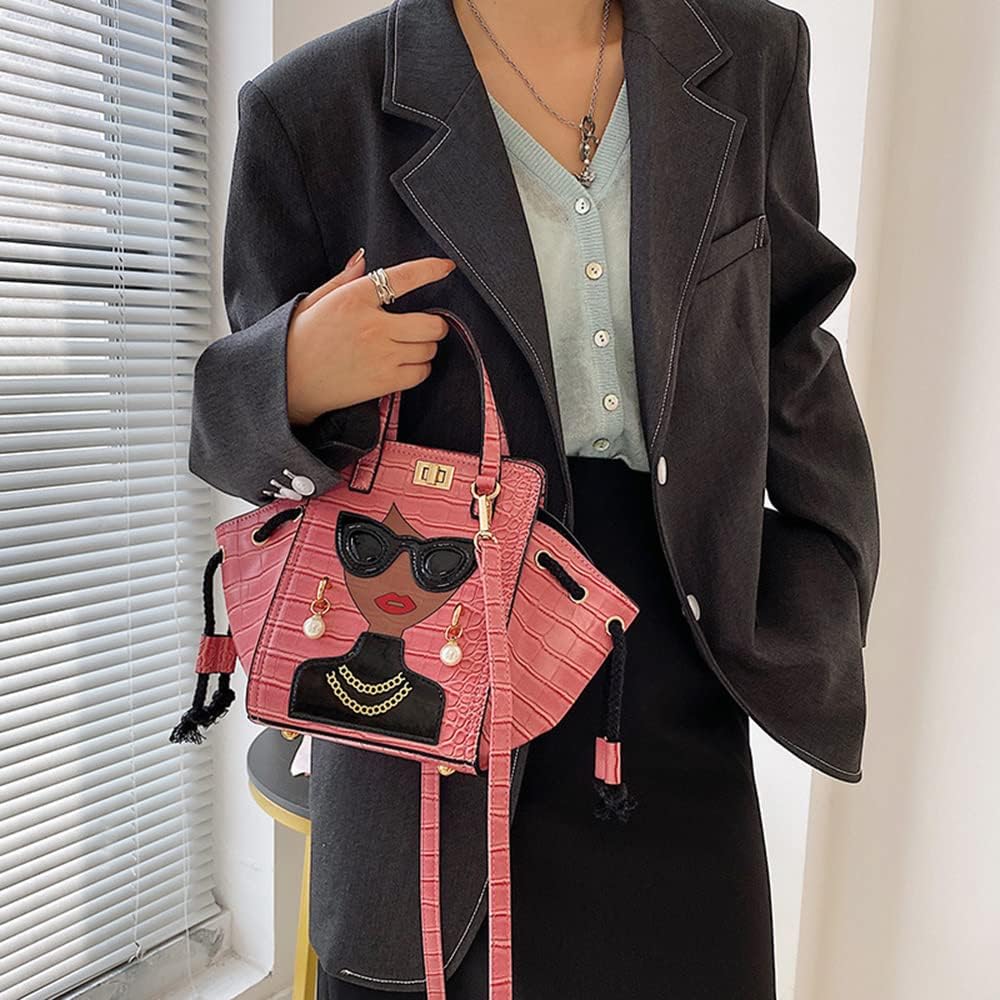 Women's Novelty Unique 3D Lady Face Leather with Crocodile Pattern Tote Handbags Funky Purse Hobo Crossbody Shoulder bags