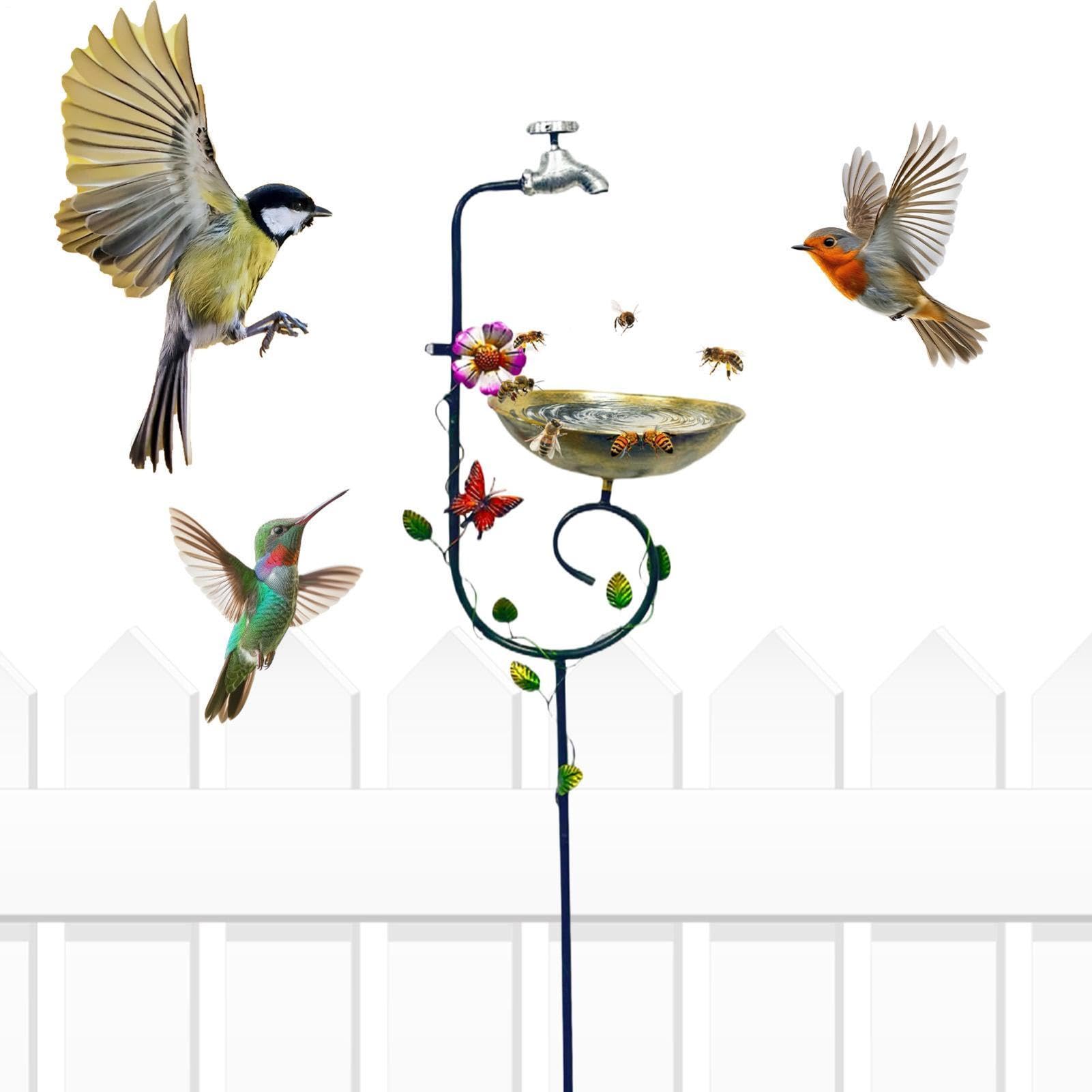 Mangiatoia per uccelli e stazione di abbeveraggio per - Ornamento da giardino in ferro battuto per impollinatori, fauna selvatica e spazi esterni | Picchetto decorativo in metallo per patio, prato