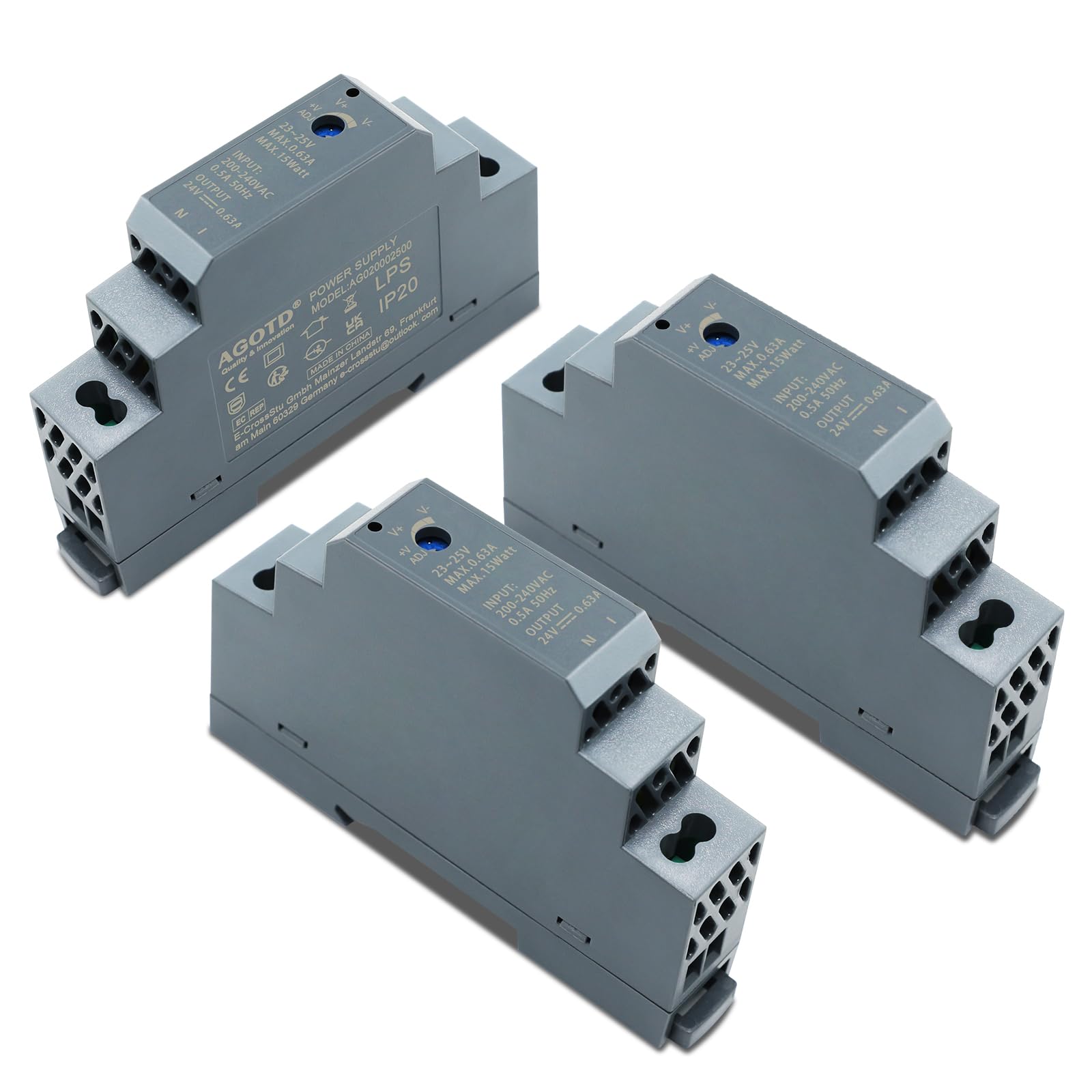 AGOTD Zasilacz sieciowy 15 W, 24 V, 0,63 A (wejście 200-240 V AC 50/60 Hz), zasilacz DIN Rail, transformator szynowy