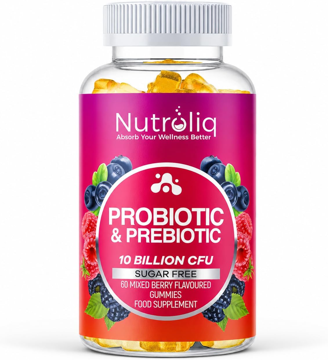 Nutroliq Prebiotic & Probiotic Sugar-Free Gummies - Gut Health Supplements for Women, Men, Kids to Support Digestive System, Immune System Booster - 10 Billion CFU Per Serving, Vegan - 60 Gummies