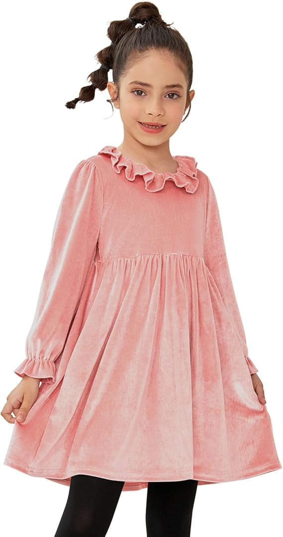 Jxstar Girls Velvet Dress Kids Ruffle Trim Long Sleeve Shiny Midi Party Fall Clothes