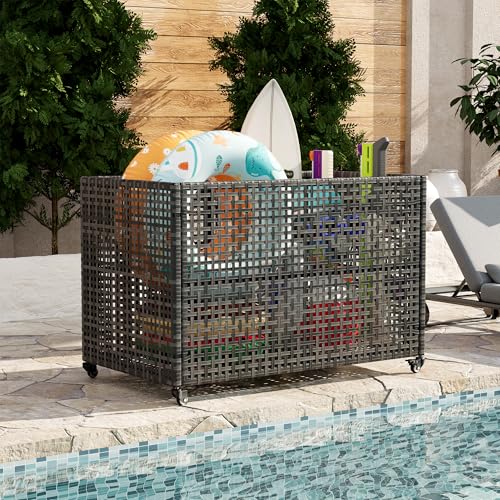GarveeHome Heavy-Duty Pool Storage Bin with Locking Casters, Large Outdoor Mesh Rolling Cart, Ventilated Pool Float Organizer for Noodles, Toys, Floats, Equipment, Grey by GarveeHome - Used condition - US$111.76