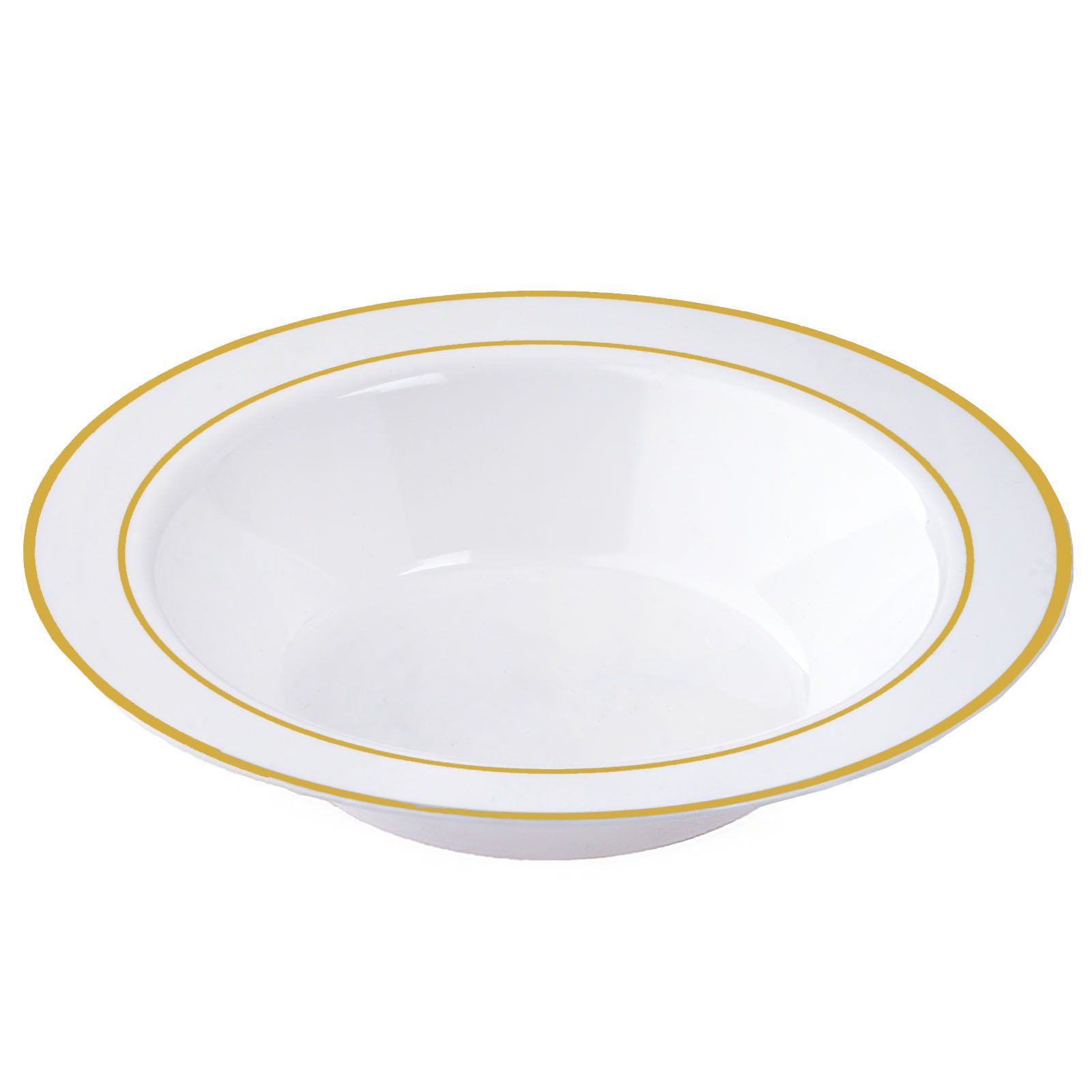 Balsa Circle 30 pcs 12 oz White with Gold Trim Plastic Round Bowls - Disposable Wedding Party Catering Tableware
